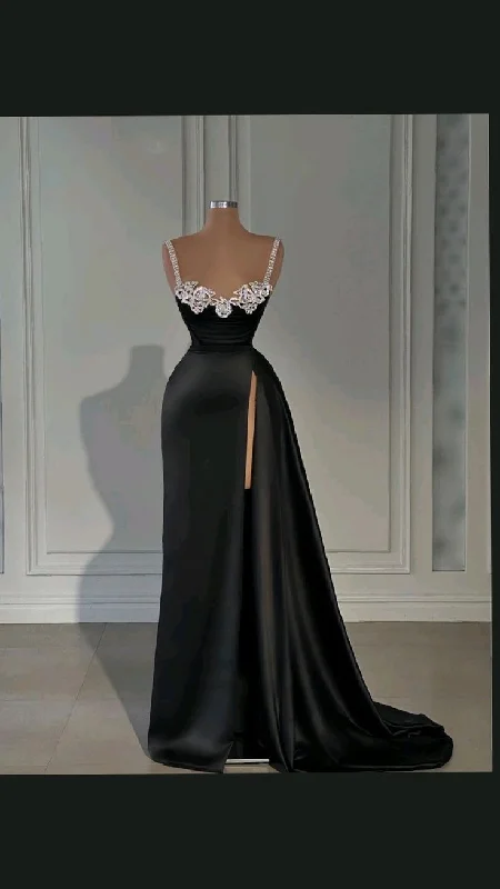 Deal Zone A-line dressAttractive Black Long Evening Dress With High Slit  Y4356