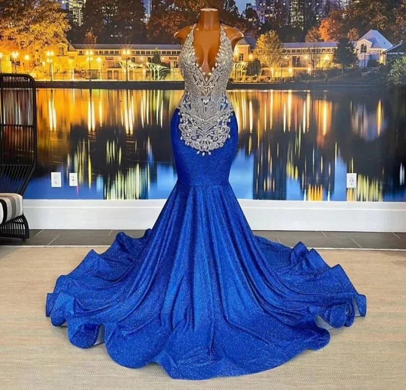 Royal Blue African American Prom Dresses Mermaid Halter Sequins Beaded Black Girls Nigeria Robe De Soiree Evening Dress Gown