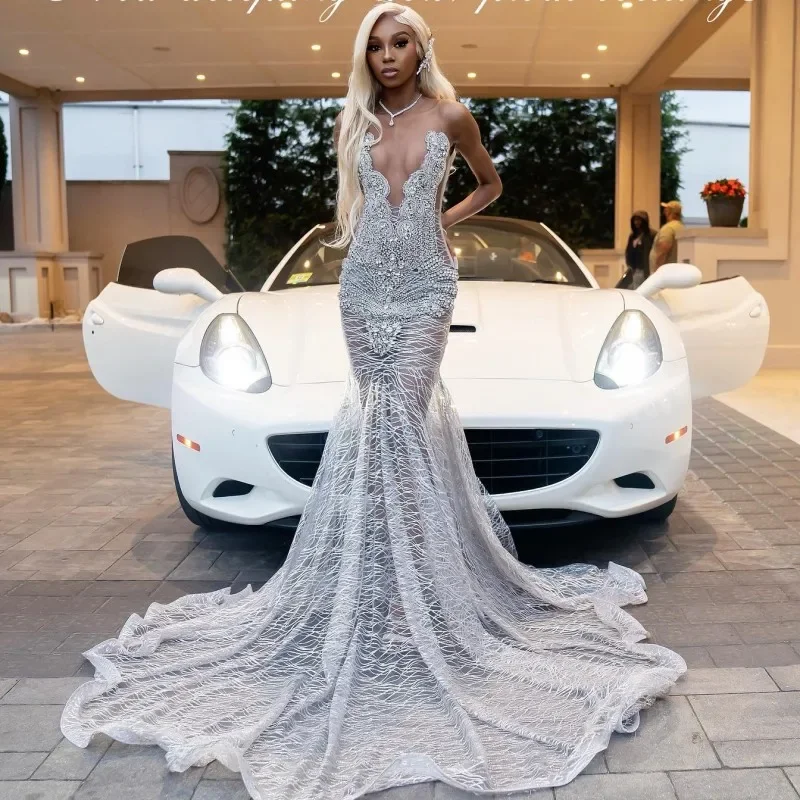 Sexy Diamond Mermaid Prom Dresses 2024 Sheer Neck Rhinestone Sequin Party Gowns Black Girls See Through Vestidos De Festa