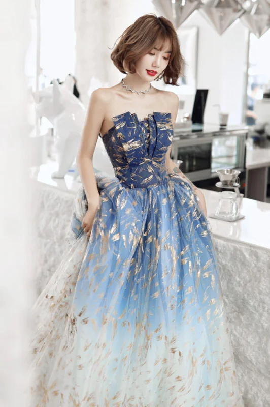 Mega Deal Blue Strapless Gradient Tulle Long Prom Dress
