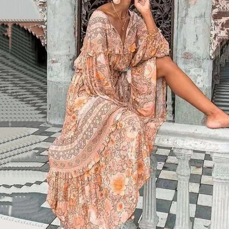 BerriesJam - Printed Full Lantern Sleeve Bohemian Elegant Dress