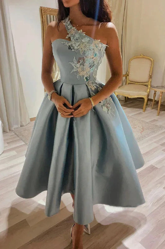 Sneak Peek Sale Cute Satin Short Prom Dress, One Shoulder Lace A-Line Party Dress