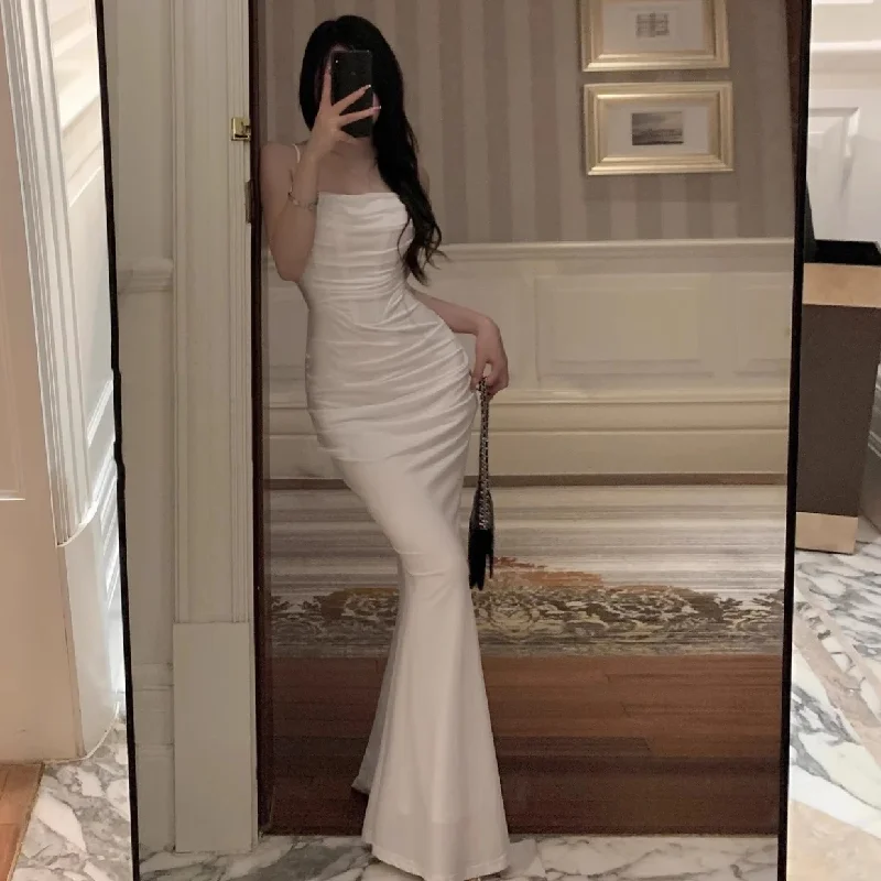 Exclusive Online Offer party dressWomen Elegant Sexy Bodycon Mermaid Dress Summer New Fashion Strap Evening Party Runway Robe Korean Female Solid Long Vestidos