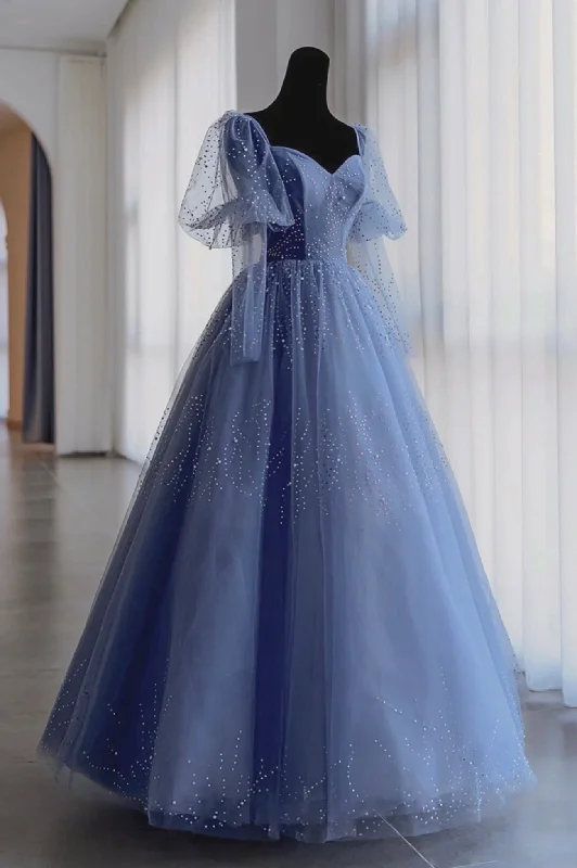 Super Savings Blue Tulle Beaded Long Prom Dress
