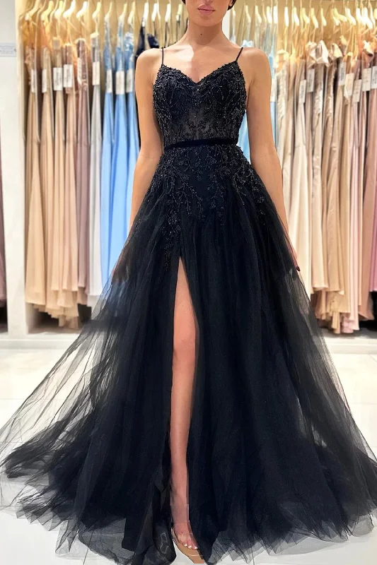 Exclusive Access Black V-Neck Tulle Beaded Long Prom Dress, A-Line Spaghetti Straps Evening Dress