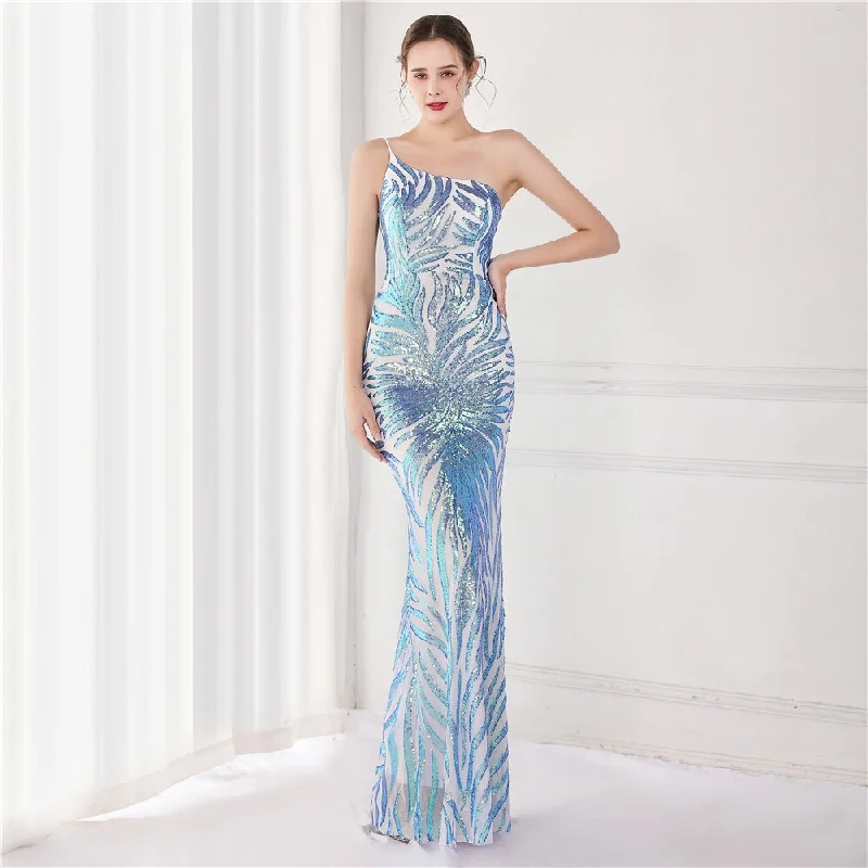 BerriesJam - Elegant One Shoulder Mermaid Sequin Flower Party Maxi Dress