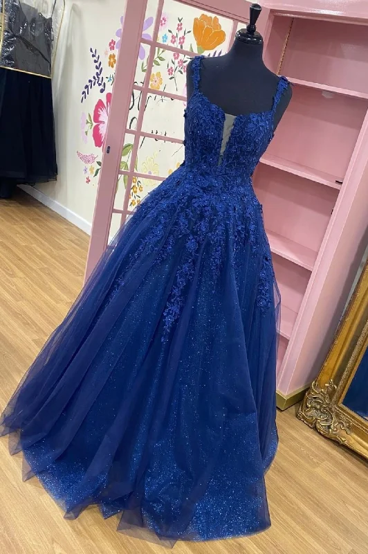 Deal Frenzy Blue Spaghetti Strap Tulle Lace Long Prom Dress