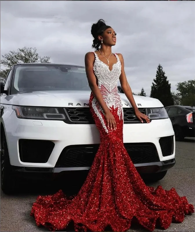 Luxury Red Sequins Mermaid Prom Dresses 2024 For Black Girl Sheer Neck Beades Plus Size Formal Evening Occasion Gowns