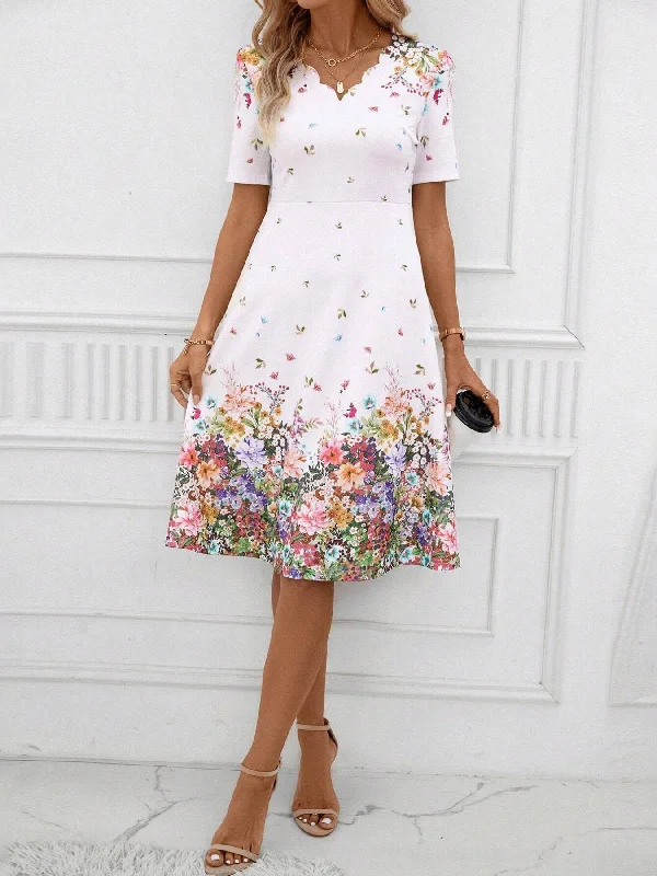 Lowest Prices Floral Print V Neck Dress, Elegant Short Sleeve Flared Midi Dress