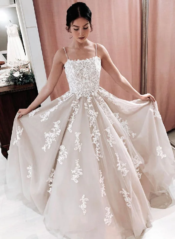 Seasonal Sale Stylish Spaghetti Strap Tulle Lace Long Prom Dress, A-Line Evening Party Dress