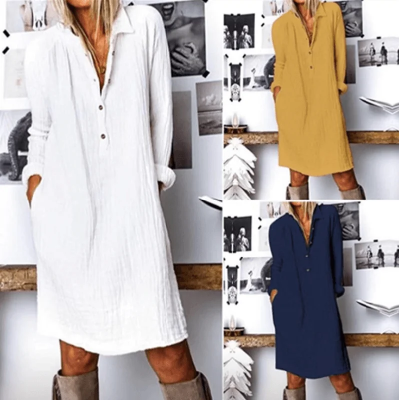 Epic Deals elegant dressCotton And Linen Long Sleeve Dress