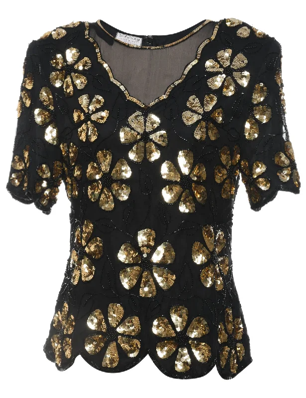 Sequined & Beaded Silk Party Top - M