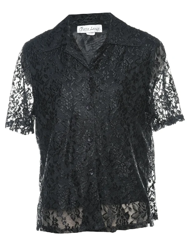 Quick Sale minimalist jacketBlack 1990s Lace Short Sleeve Blouse - L