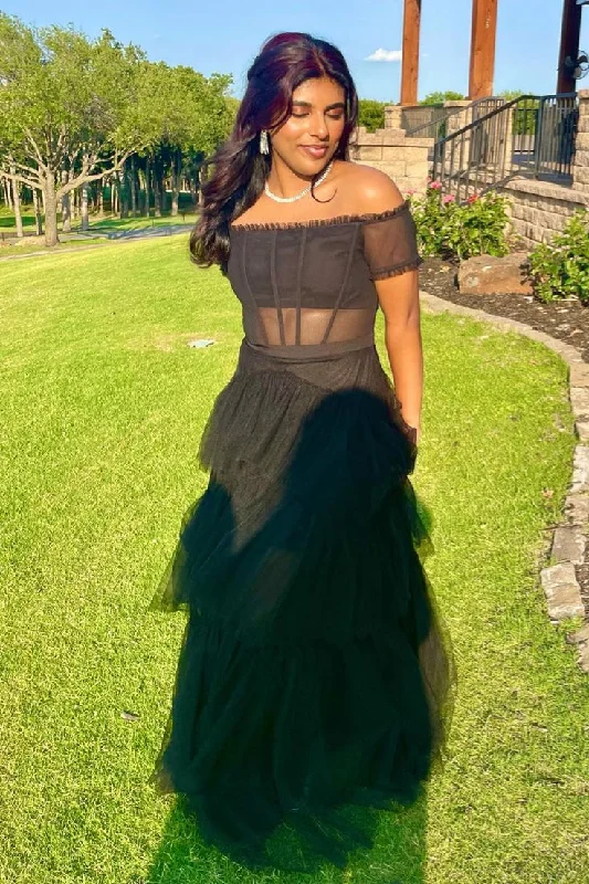 Super Savings flowy maxi dressBlack Off-the-Shoulder Ruffle Multi-Layers Long Prom Dress Y5300