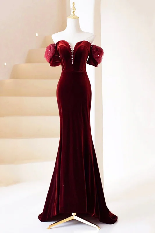 Deal Dash Burgundy Velvet Long Prom Dress with Pearl, Burgundy Off Shoulder Evening Dress Deal Dash Burgundy Velvet Long Prom Dress with Pearl, Burgundy Off Shoulder Evening Dress