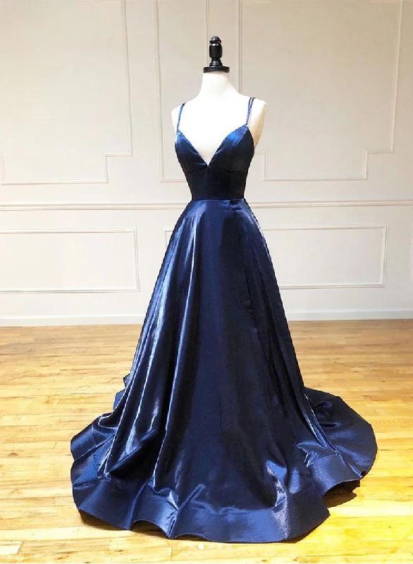 Major Savings Simple Blue V-Neck Satin Long Prom Dress, A-Line Backless Evening Dress Major Savings Simple Blue V-Neck Satin Long Prom Dress, A-Line Backless Evening Dress