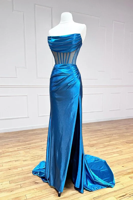 Special Offer Blue Strapless Pleated Long Prom Dress, Blue Satin Evening Party Dress