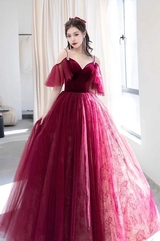 Don't Miss Burgundy A-Line Spaghetti Strap Velvet and Tulle Long Prom Dress, V-Neck Formal Evening Dress Don't Miss Burgundy A-Line Spaghetti Strap Velvet and Tulle Long Prom Dress, V-Neck Formal Evening Dress