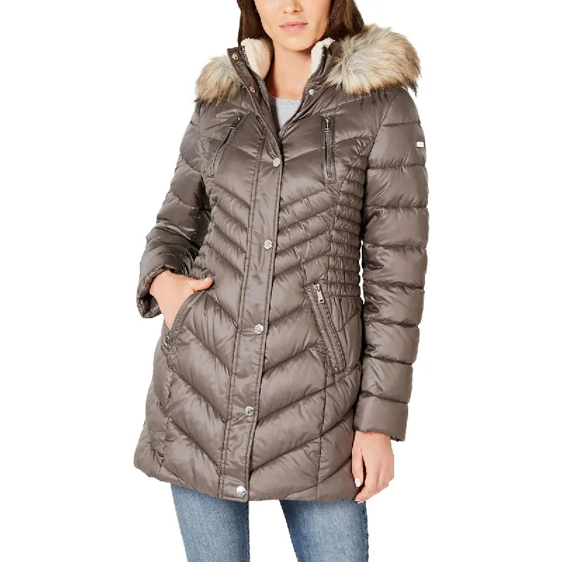 Womens Faux Fur Trim Hooded Puffer Jacket