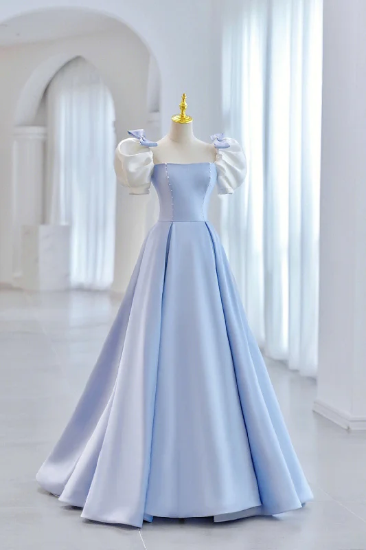 Limited Time White and Blue Satin Long Prom Dress, A-Line Short Sleeve Evening Dress