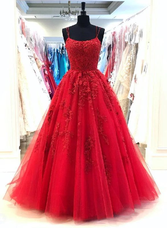 Take Advantage Red Spaghetti Strap Tulle Lace Long Prom Dress, A-Line Backless Evening Dress
