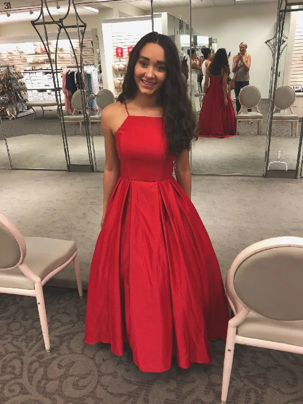 Stock Clearance pleated maxi dressRed Satin A-line Prom Dress,Red Prom Gown Y5773