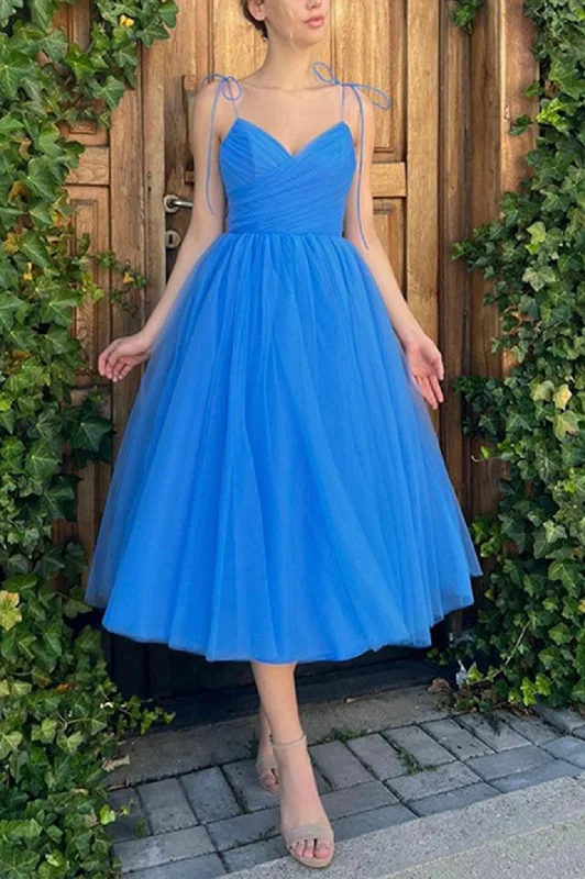Closeout Blue Spaghetti Strap Tulle Short A-Line Party Dress
