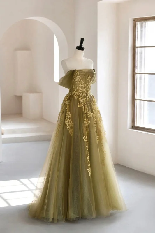 Buy Now Green Tulle Lace Long Prom Dress, Off the Shoulder Evening Party Dress