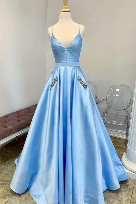 Best Bargains Blue Spaghetti Strap V-Neck Satin Floor Length Prom Dress