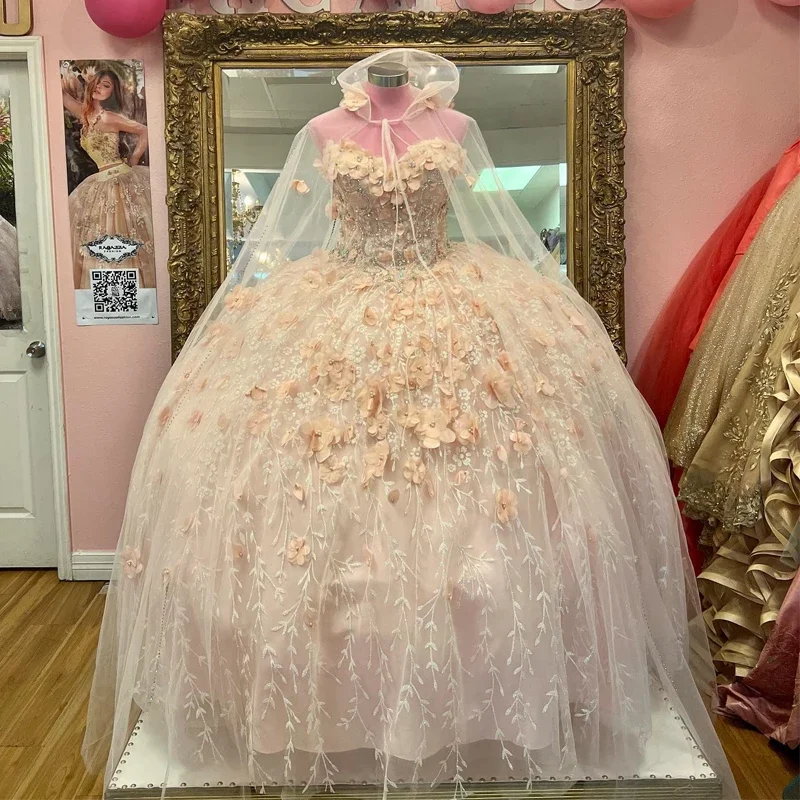 Mexican Vestido De 15 Anos Champagne Charro Quinceanera Dresses With Cloak Lace Applqiued Corset Sweet 16 Dress Abiti Da Cerimon