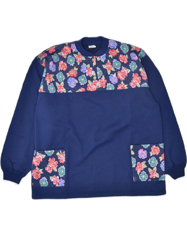 VINTAGE Womens Sweatshirt Jumper UK 18 XL Navy Blue Floral Cotton