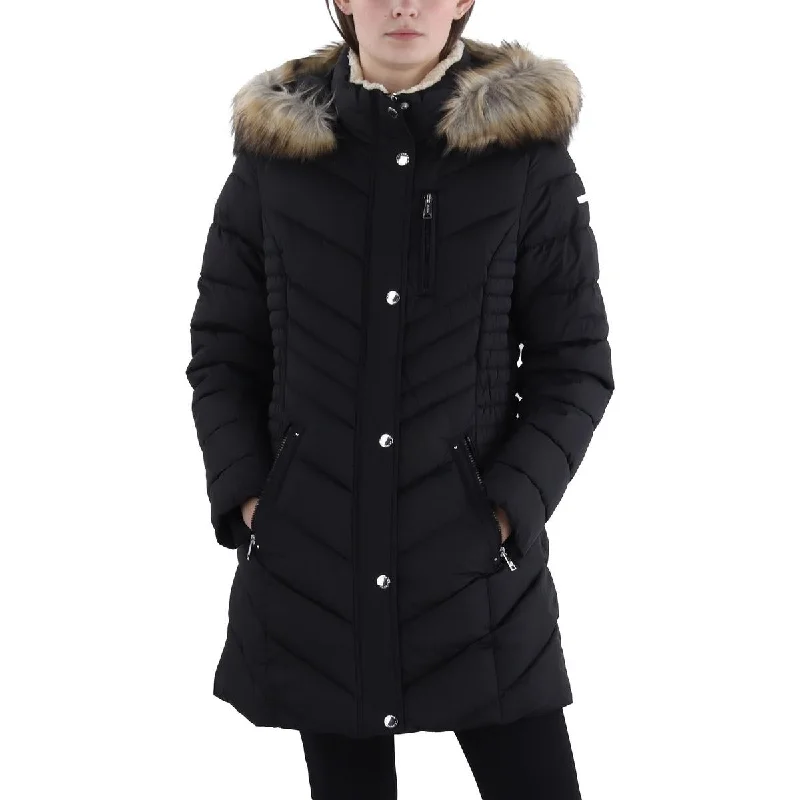 Womens Faux Fur Trim Hooded Puffer Jacket