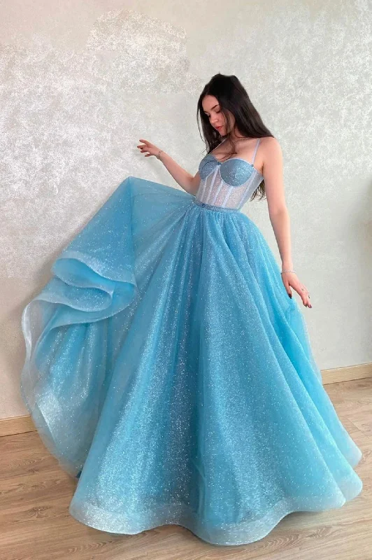 Limited Quantity Blue Spaghetti Strap Tulle Long Prom Dress with Corset
