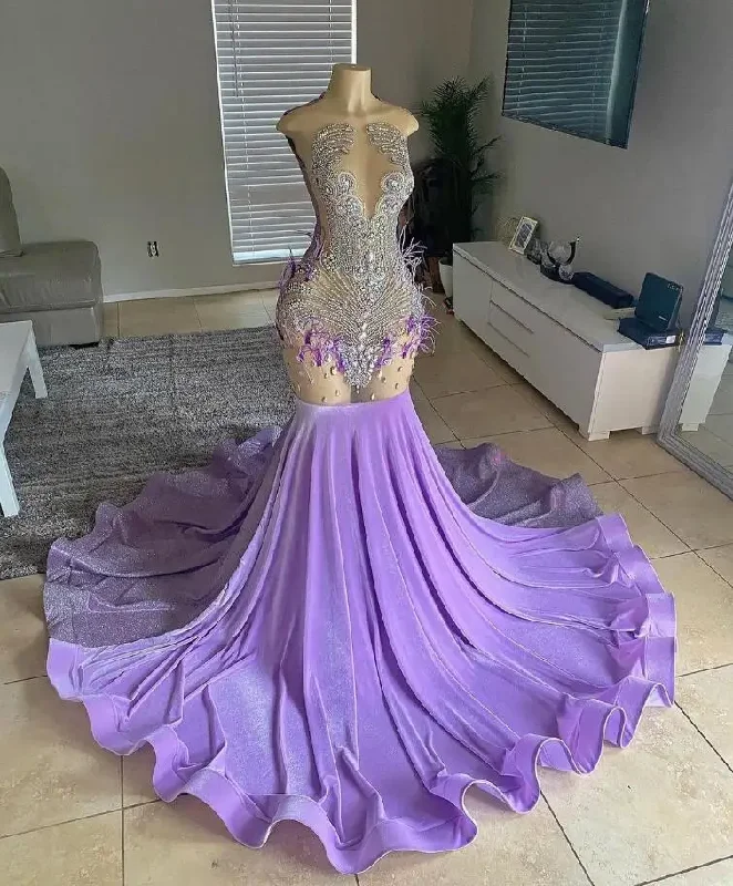 Lilac Purple Long Memraid Prom Dress for Women 2024 Silver Diamond Crystal Feather Black Girl Birthday Evening Gown