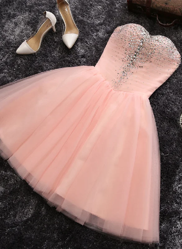 Midnight Madness Pink Sweetheart Neck Tulle Short Prom Dress, A-Line Strapless Party Dress