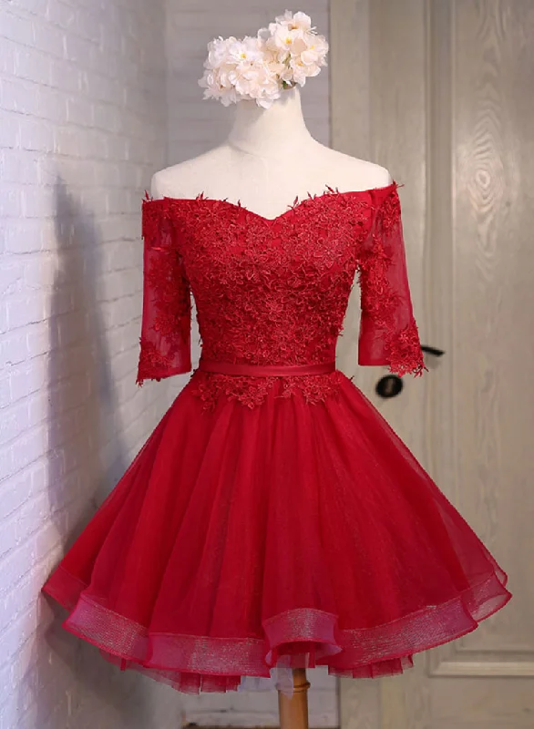 Steals and Deals Burgundy Lace Short Prom Dress, A-Line Mini Party Dress