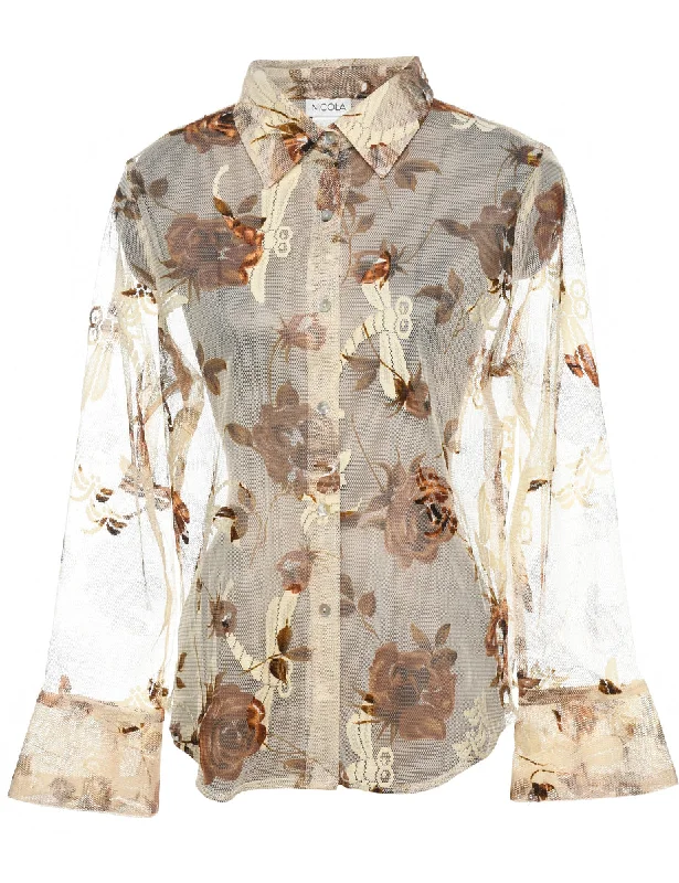 Price Blitz elegant coatFloral Beige & Brown Sheer Shirt - L