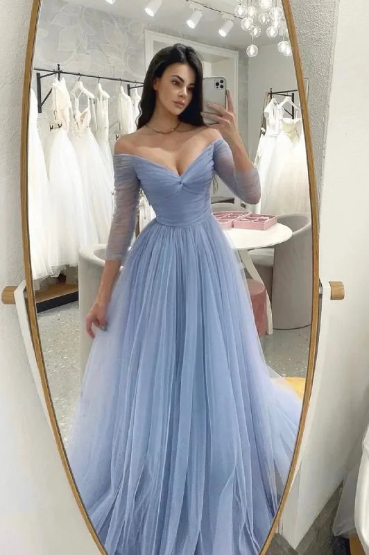 Seasonal Sale Blue Tulle Long Prom Dress, Blue Long Sleeve A-Line Party Dress