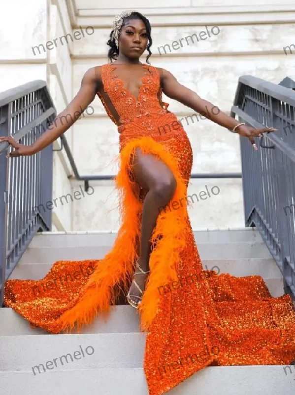 Orange Sparkly African Evening Reception Dresses