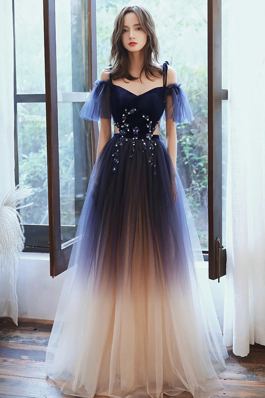 Buy More, Save More Beautiful Gradient Tulle Long Prom Dress, A-Line Off the Shoulder Lace Evening Dress