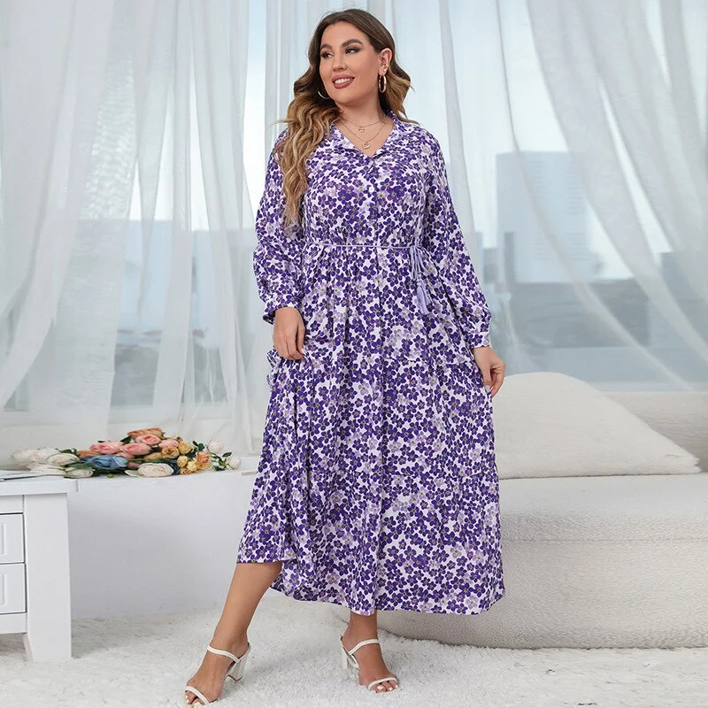 BerriesJam - 2024 Vintage V Neck Long Sleeve Floral Plus Size Dress