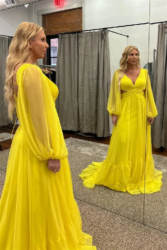 Deal Dash tiered dressYellow Chiffon A-line V Neckline Long Sleeves Lace-Up Back Long Prom Dress Y5794