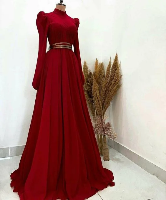 A Line High Neck Long Sleeves Muslim Burgundy Prom Dress Y6222