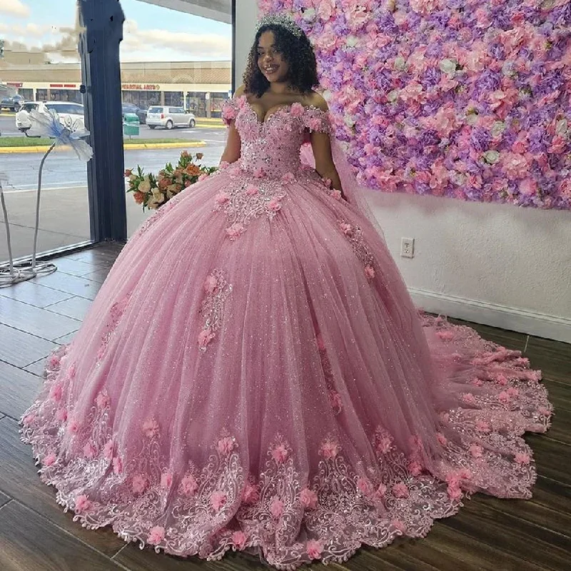 Princess Pink Lace Off Shoulder Quinceanera Dresses For Sweet 16 Years Gowns Birthday Party Princess Lace Appliques Puffy Ball