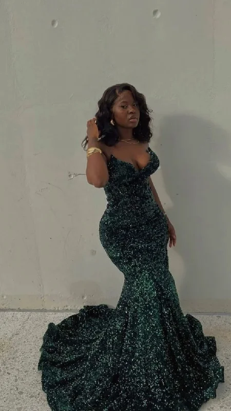 Price Drop vintage dressEmerald Green Prom Dresses Long,Sparkly Sequins Evening Dresses Y1821