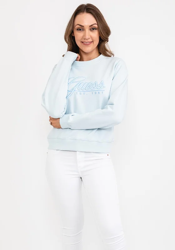 Guess Womens Embroidered Logo Sweatshirt, Light Blue