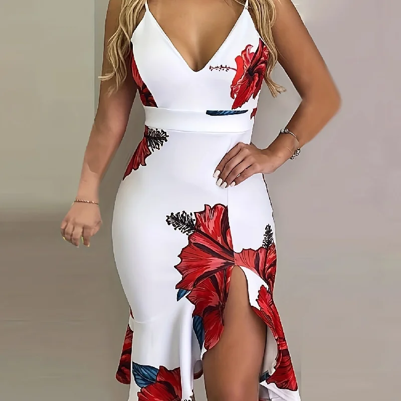Mega Sale Floral Print Ruffle Hem Dress, Sexy V Neck Slit Spaghetti Strap Dress