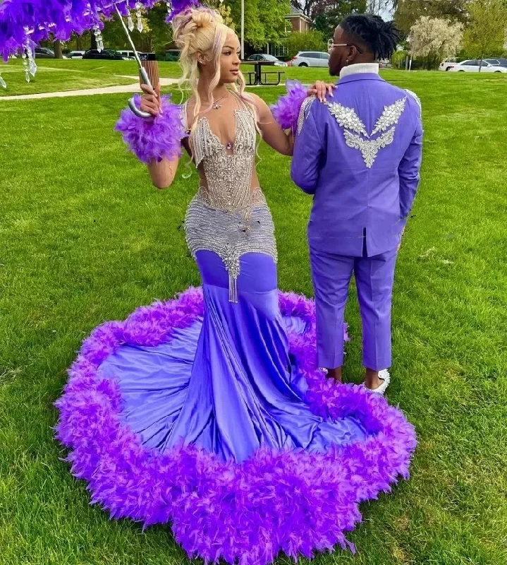 Luxury Purple Prom Dresses For Black Girls 2024 Rhinestone Feathers African Women Mermaid Party Gowns Vestidos De Festa