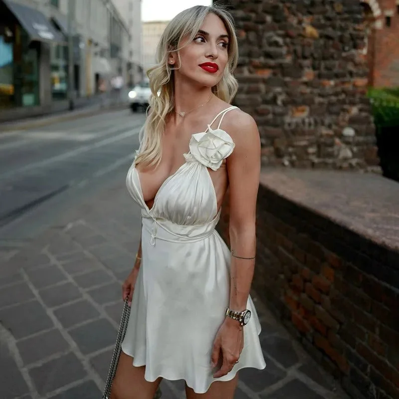 Don't Wait casual evening dressMoonlight Sheen Mini Satin Dress with Asymmetric Floral Appliqué