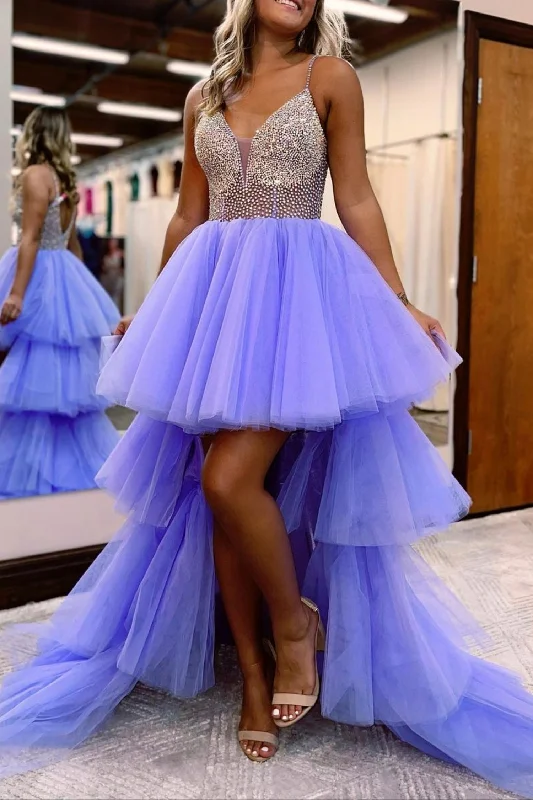 Markdowns Purple V-Neck Tulle Long Prom Dresses, A-Line Beading Evening Dresses